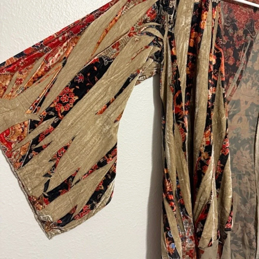 Boho Velvet Floral Kimono Cardigan Gold Rust Open Front Wrap Large Whimsigoth
